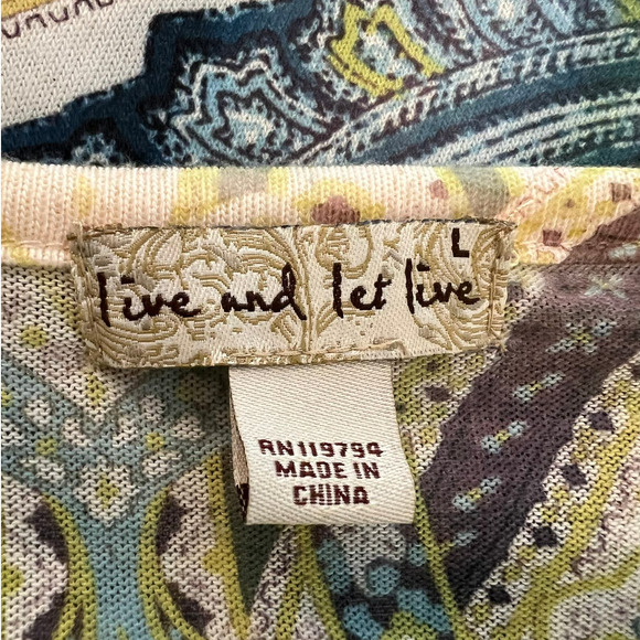 Live and Let Live Tunic Size L Green and Blue Print Asymmetrical Hem Tie Front - Picture 4 of 7